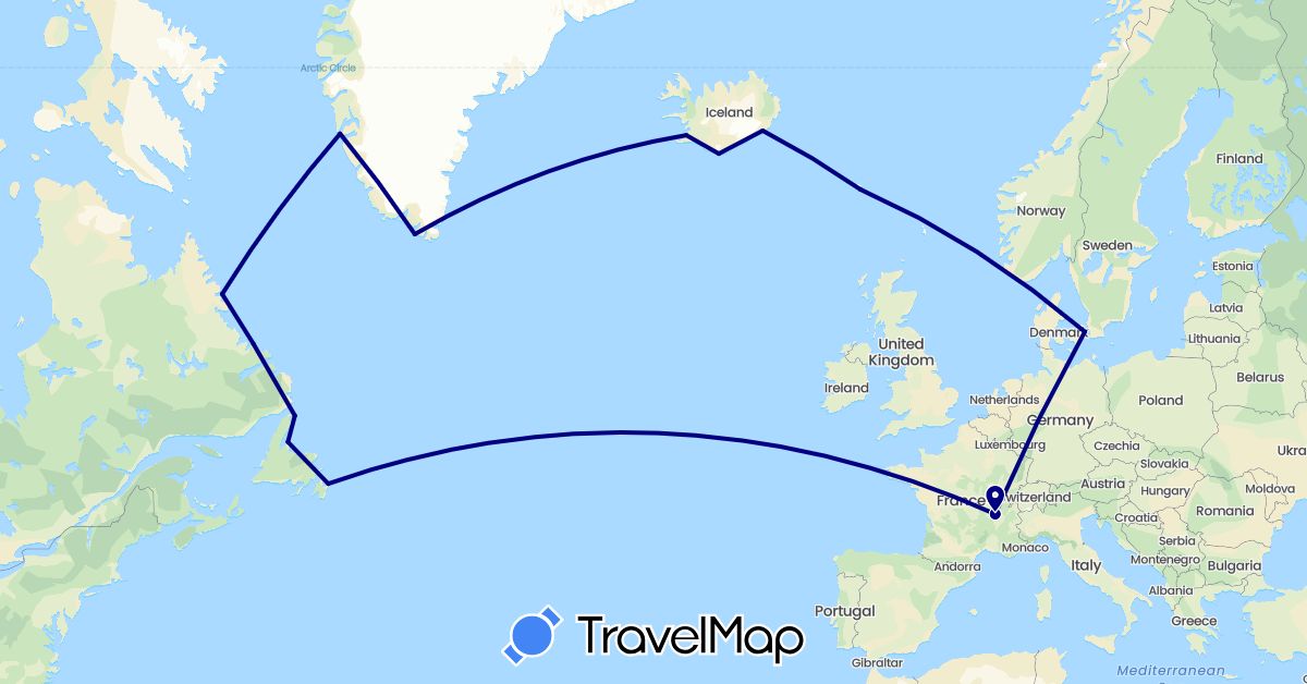 TravelMap itinerary: driving in Canada, Denmark, Faroe Islands, France, Greenland, Iceland (Europe, North America)